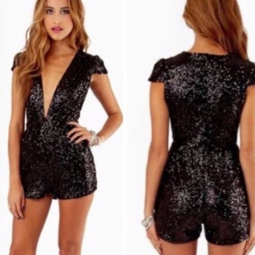 Tobi Black Sequin Plunge V-Neck Romper